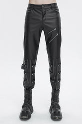 Pantalon punk pour homme en faux cuir avec fermeture éclair amovible côté droit noir
